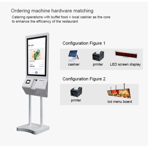 27 Inch B-shaped Self Service Checkout Kiosk Menuboard Pos Machine With Printer QR Code Scanner