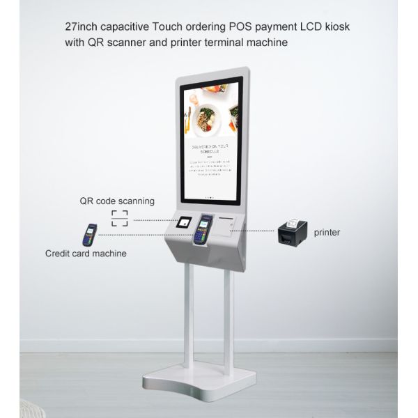 27 Inch B-shaped Self Service Checkout Kiosk Menuboard Pos Machine With Printer QR Code Scanner