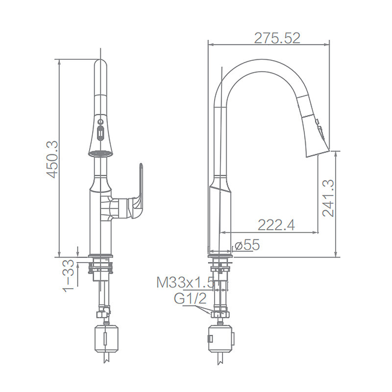 Thermostatic Kitchen Mixer Faucet , 275.5mm Pull Out Spout Kitchen Tap