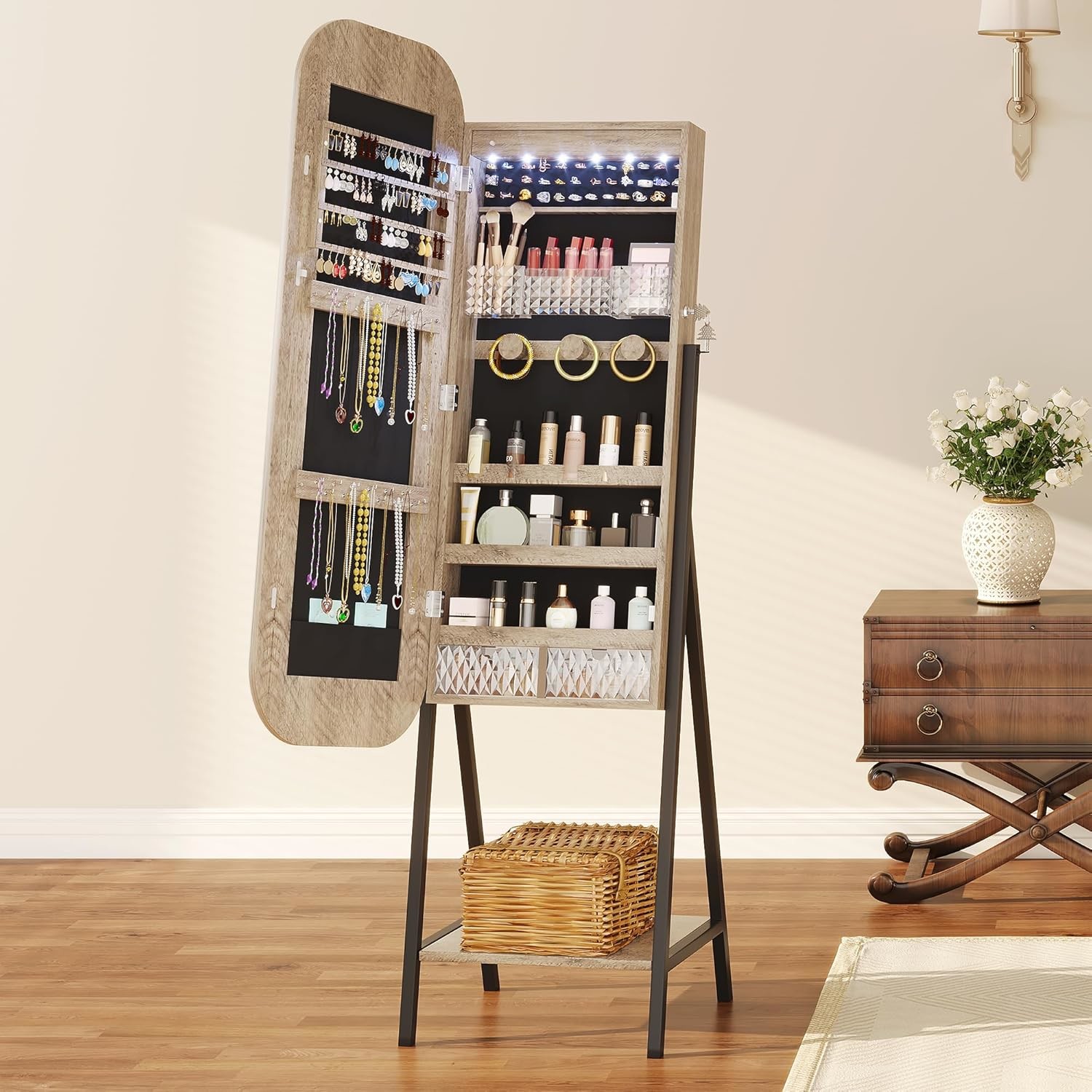 Modern Jewelry Armoire Mirror with LED Lights and Storage