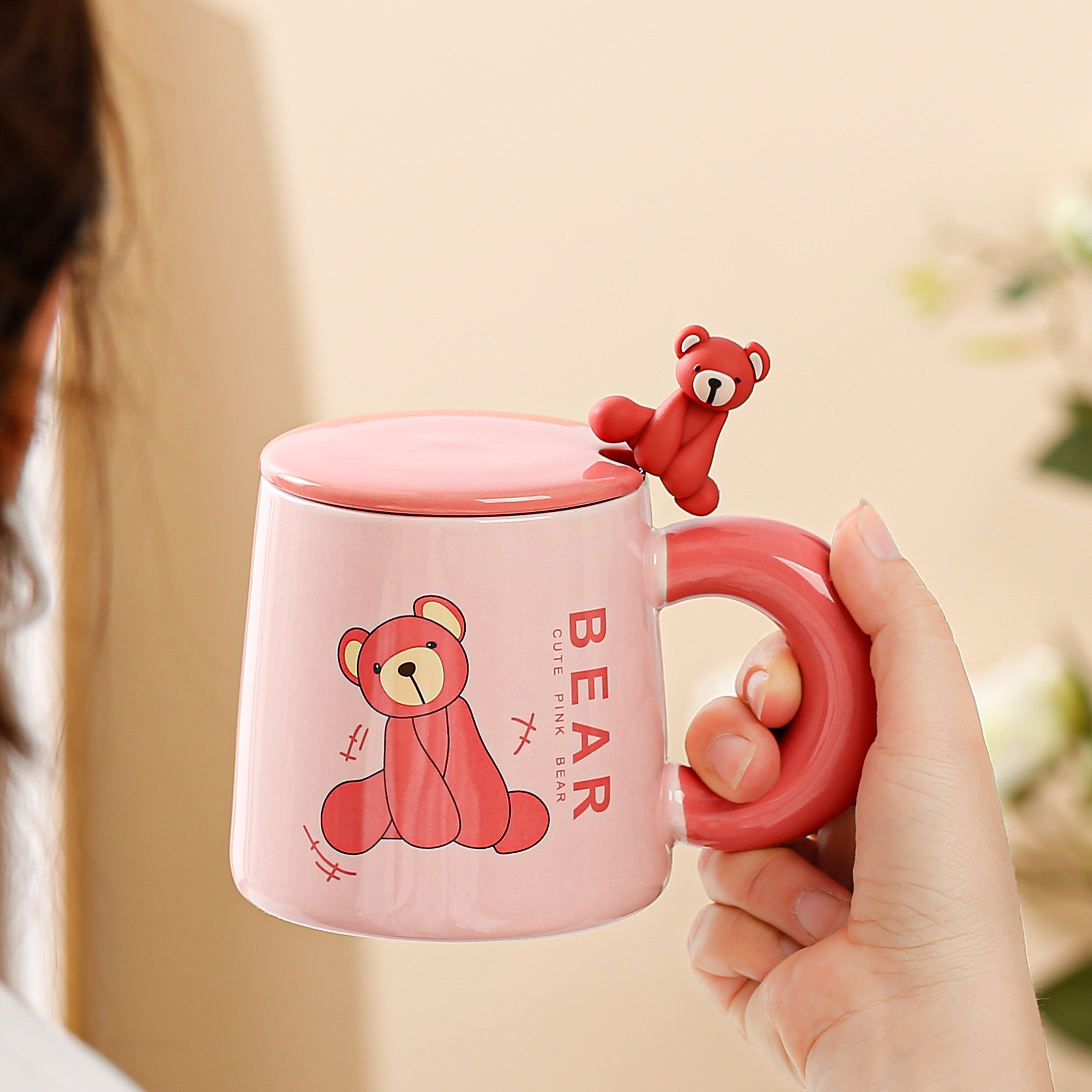 Bear Ceramic Mug with Lid and Spoon 300ml USB Heating
