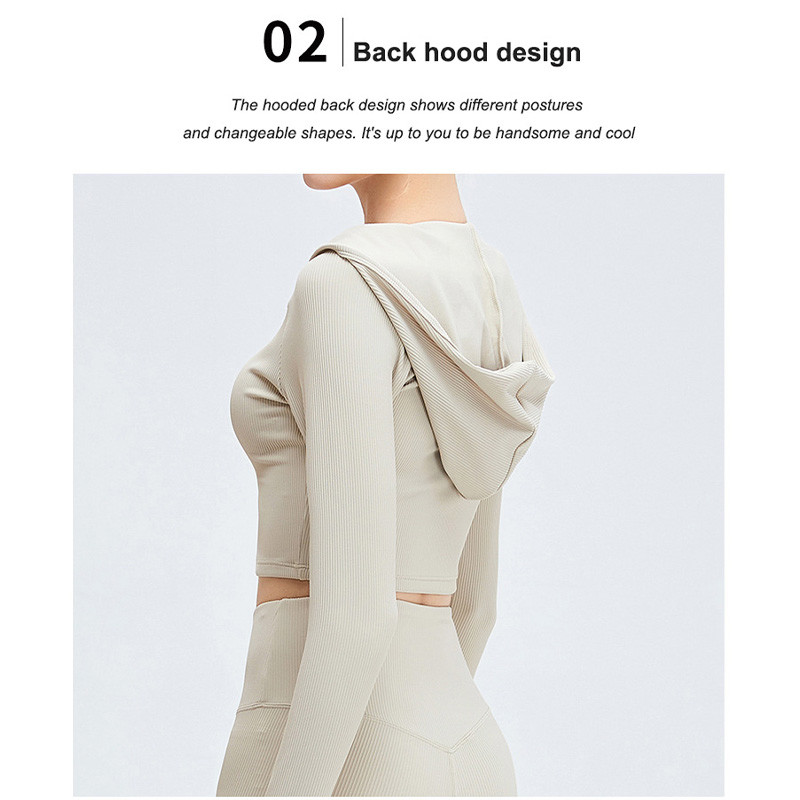 High Waist Ribbed Yoga Clothes Women Long Sleeve Hooded Crop Top Set