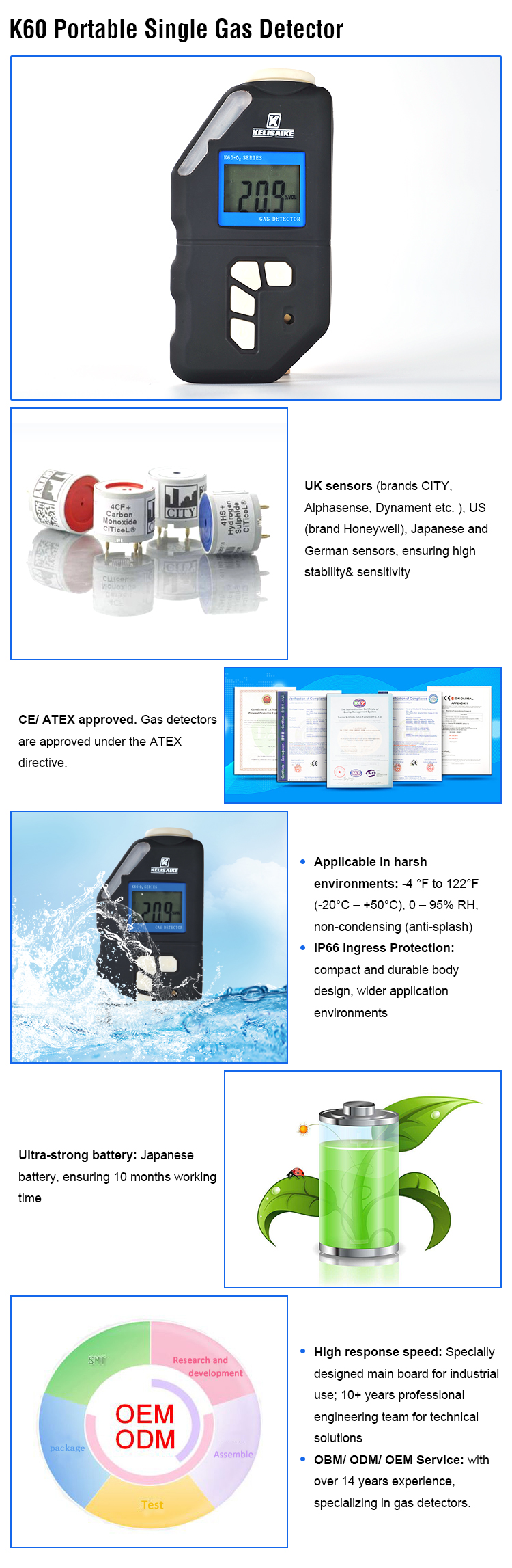 Portable Handheld Gas Leak Detector LCD Display With Audio Visual Alarm
