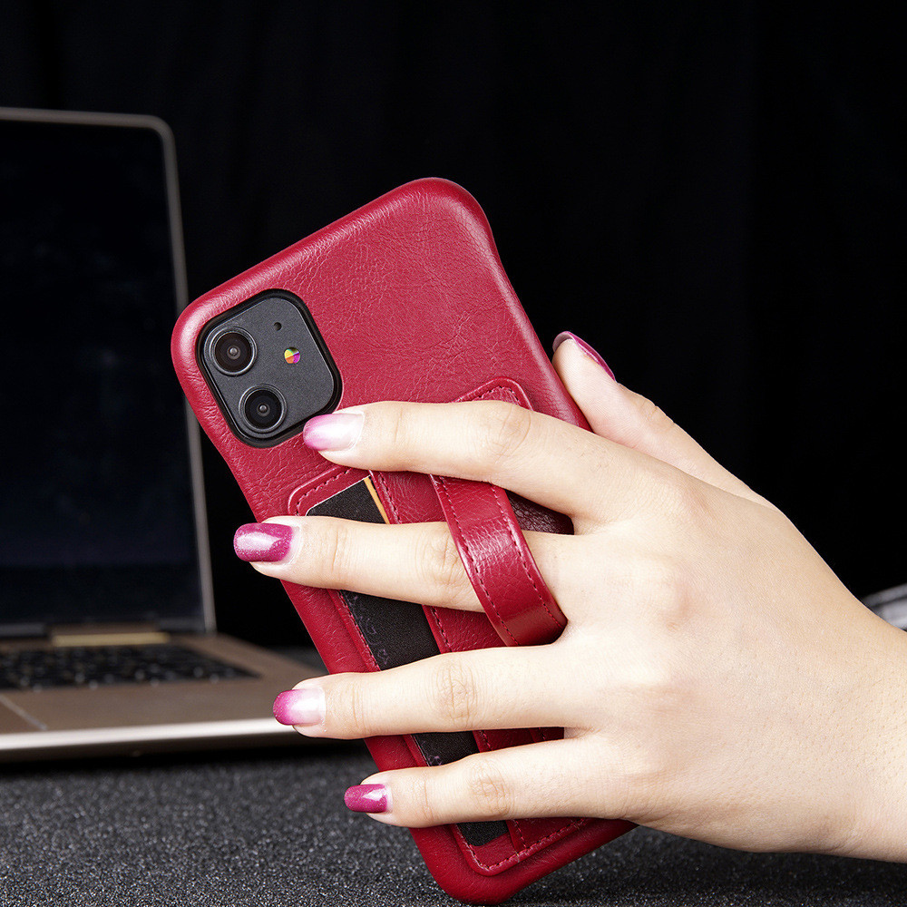 PU Leather Finger Grip Phone Case Four Colors Shock Absorption With Card Pocket