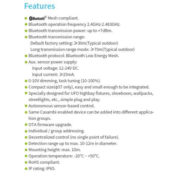 Zhaga book18 based CASAMBI BLE mesh PIR motion sensor, 0~10v output, highbay detection range, with Daylight Harvest Function