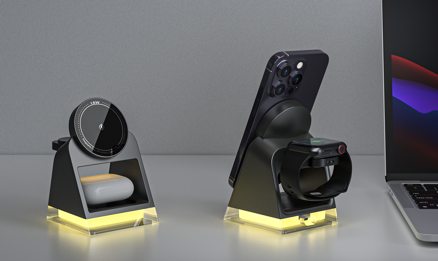 Desktop Wireless Charging Stand 3 In 1 Charging Station With Night Light And Charger