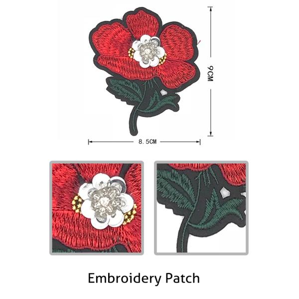 Red / Green Iron On Embroidered Flower Patches 8.5 * 9CM Size For Work Blouse