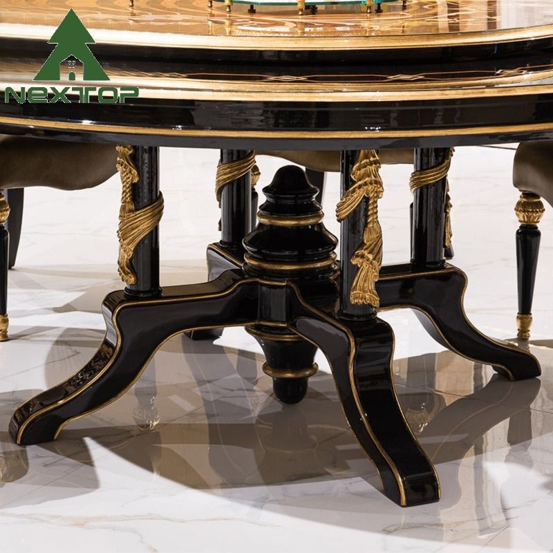 Deluxe Dining Room Set Classical Antique Wooden Round Dining Table With Turntable