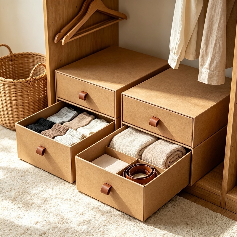 Kraft paper sliding drawer storage boxes demonstrating wardrobe clothing organization