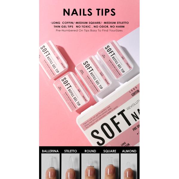 Clear Acrylic Soft Gel Nail Extension Tips Natural Replacement Refill Packs for Nails Professional Equipment
