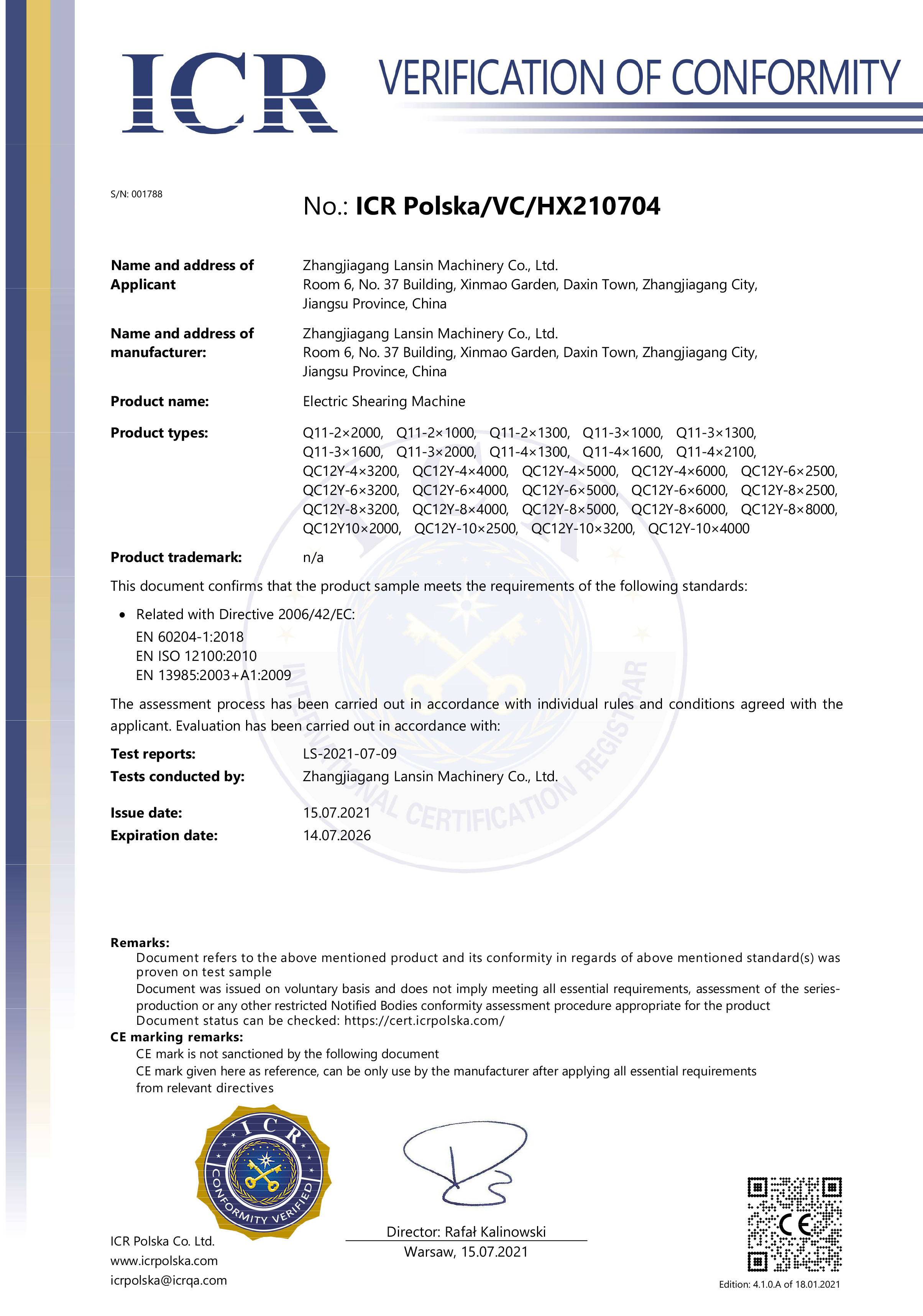 Zhangjiagang Lansin Machinery Co., Ltd Certifications