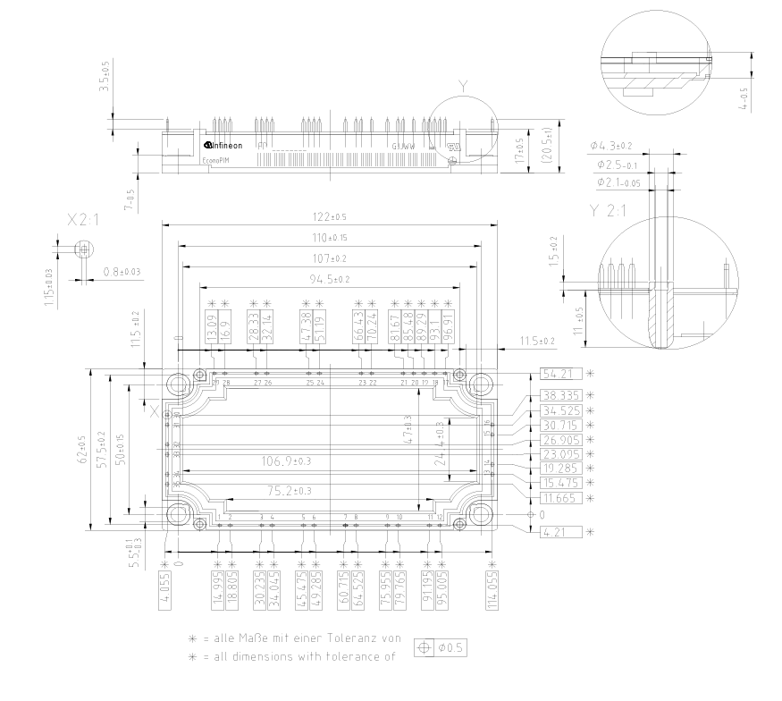 FP50R12KE3 1200V 50A PIM IGBT Module TRENCHSTOP™ IGBT3 Low VCE(sat) Low Switching Loss Integrated Rectifier and Brake Copper Baseplate NTC For Motor