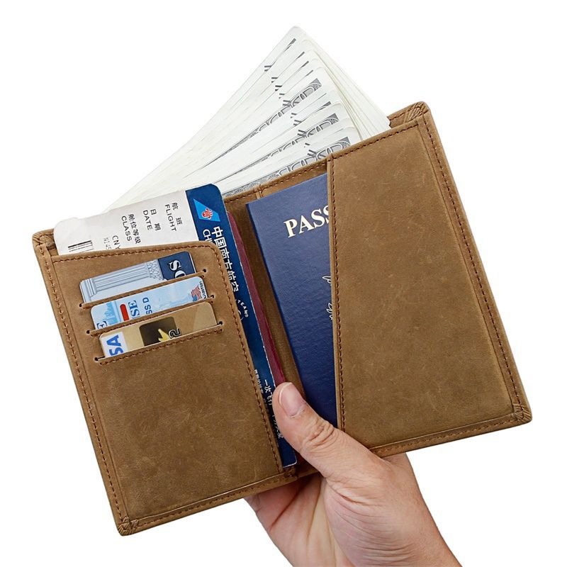 Open Closure RFID Blocking Genuine Leather Passport Wallet for Travel Credit Cards