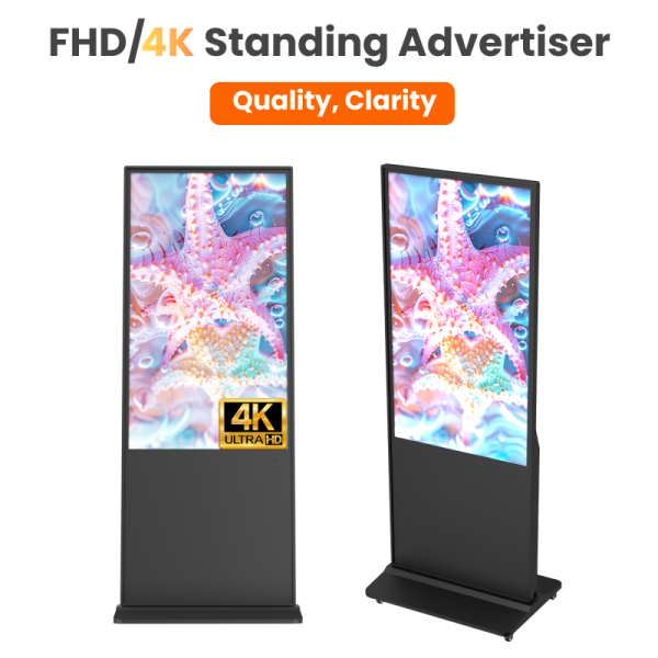 FHD/4K Standing Advertiser showcase featuring two standing digital signage totems with high-clarity ocean artwork