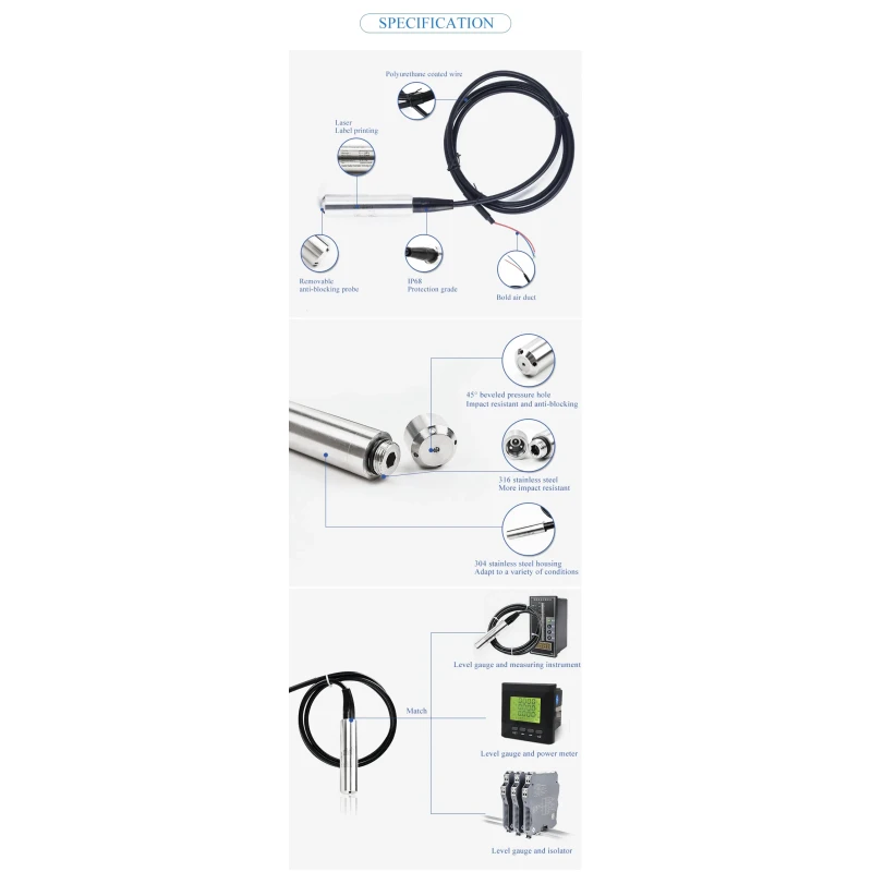 4-20mA Water Level Sensor Water Tank Transmitter 24V with PUR Cable