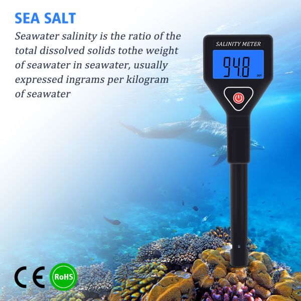 Close-up view of salinity meter display and controls