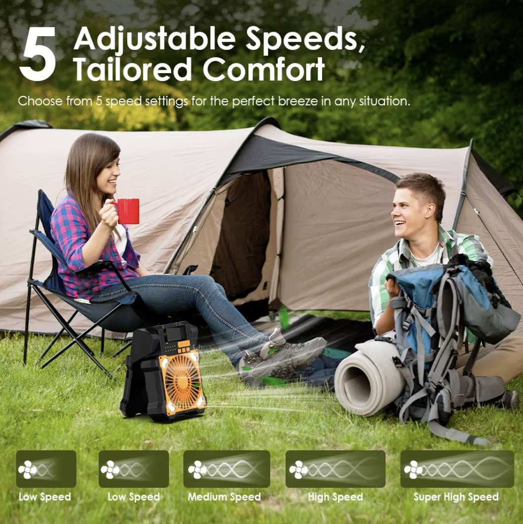 Solar fan in use during camping scenario