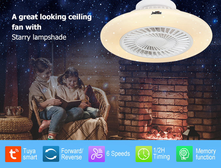 Modern Design 22-inch LED Ceiling Fan with Starry Lampshade and Dimmable Light White