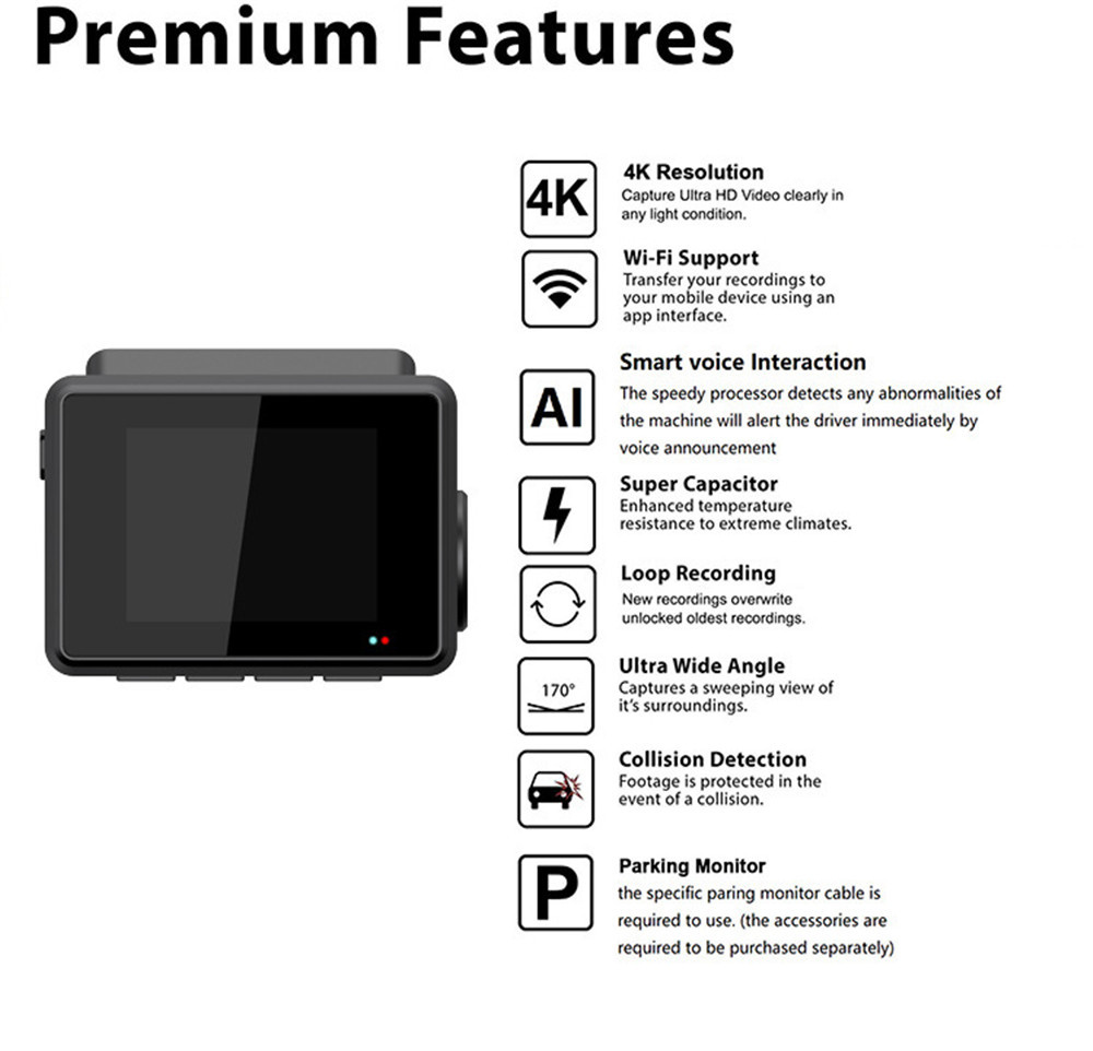 Front 4K Rear 2K UHD Invisible Dash Cam HD 1080p Car DVR 24H Parking Monitoring