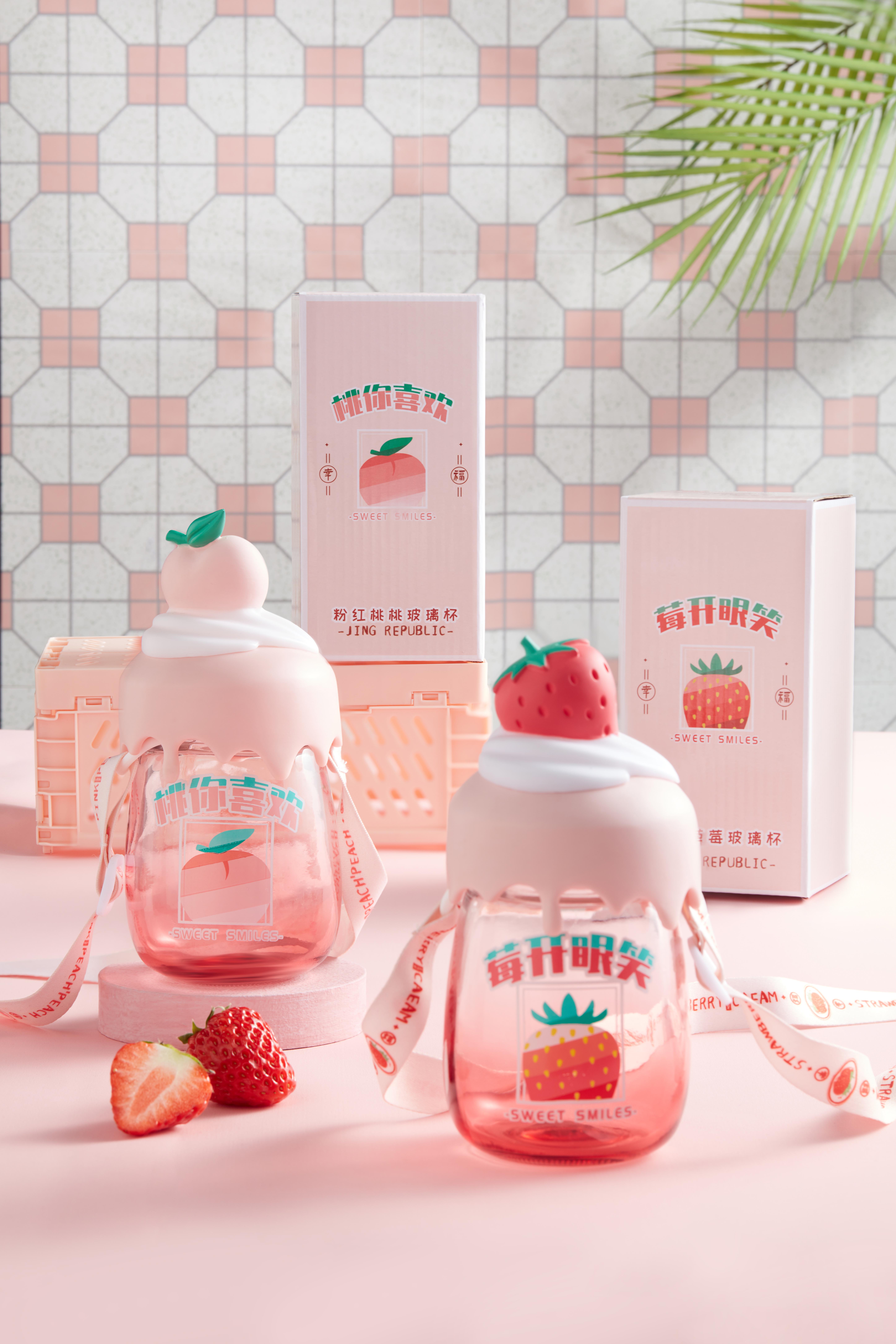 Strawberry Peach Style Coffee Tea Water Cup Glass Bottles Gift For Women Girls