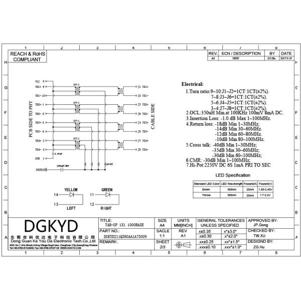 DGKYD211Q380AA1A7S009 SMD 6U RJ45 Network Interface Shielded Gigabit Integrated Filter SMD