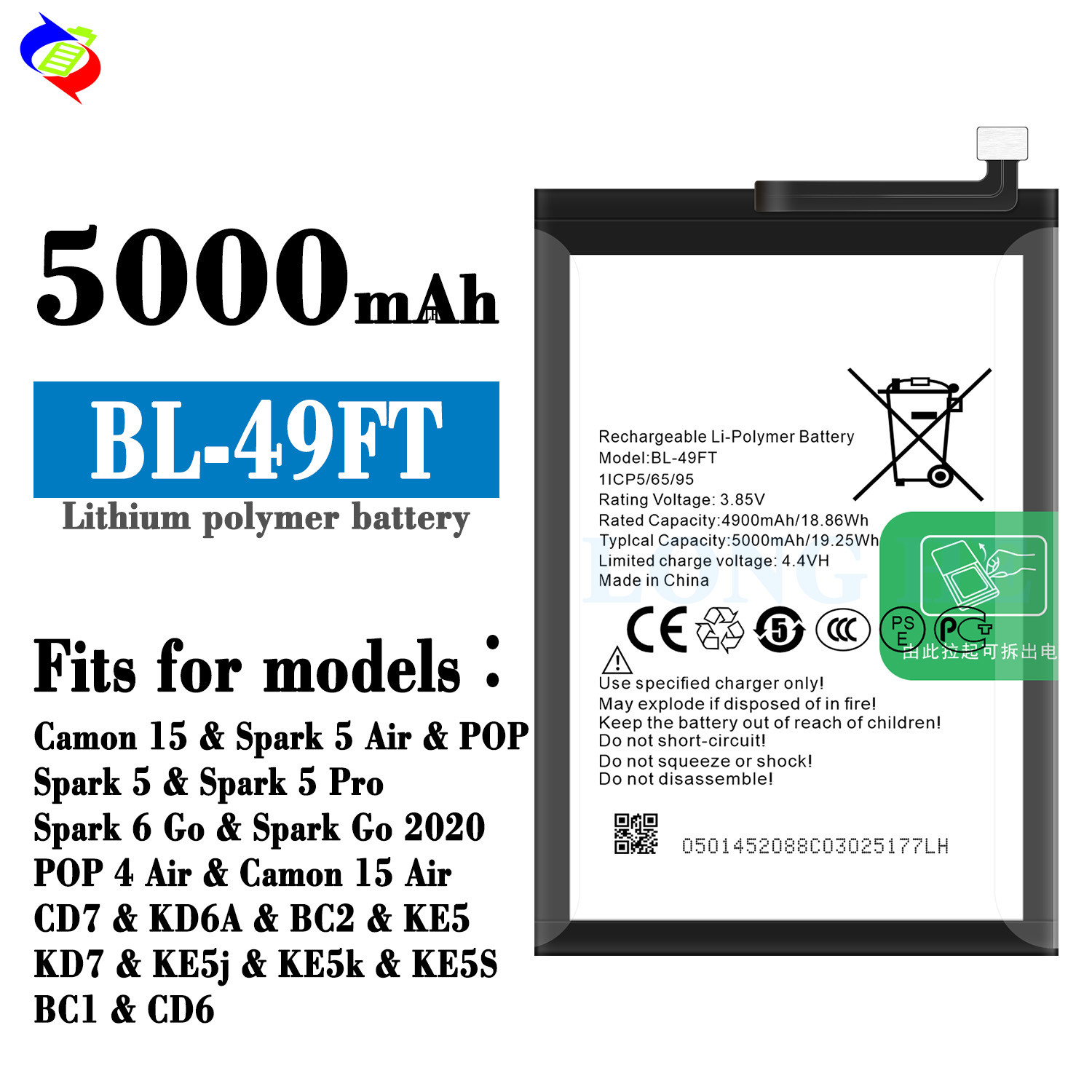 5000mAh BL-49FT KD7 mobile phone battery for Tecno Spark 5 pro battery rechargeable battery
