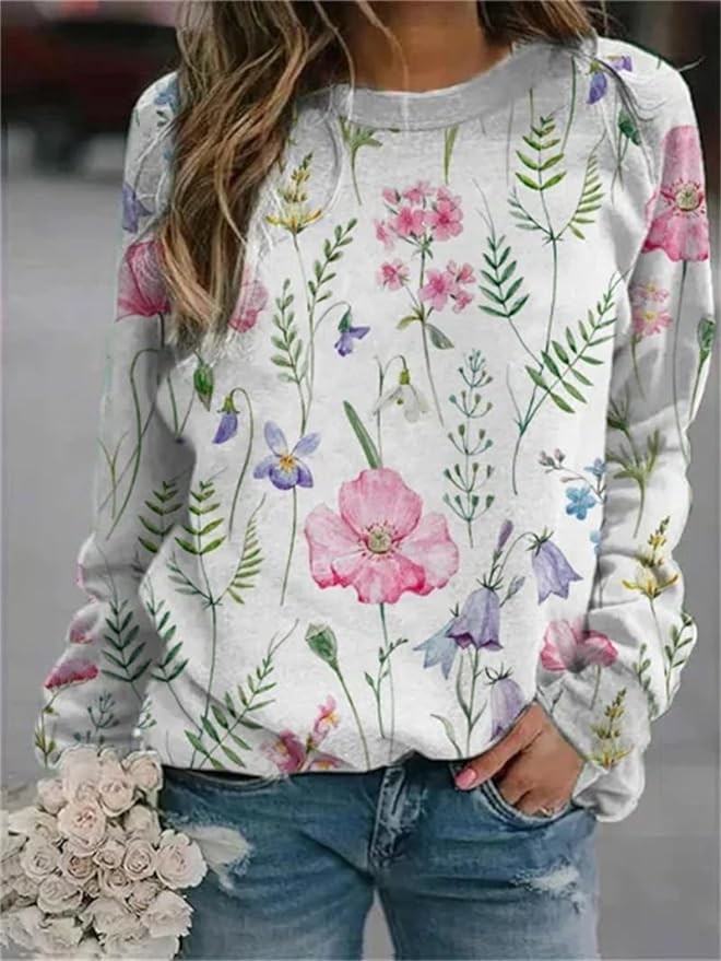 Women'S Floral Sublimation Print Sweater Loose Vintage FLower Graphic Pullover Tops