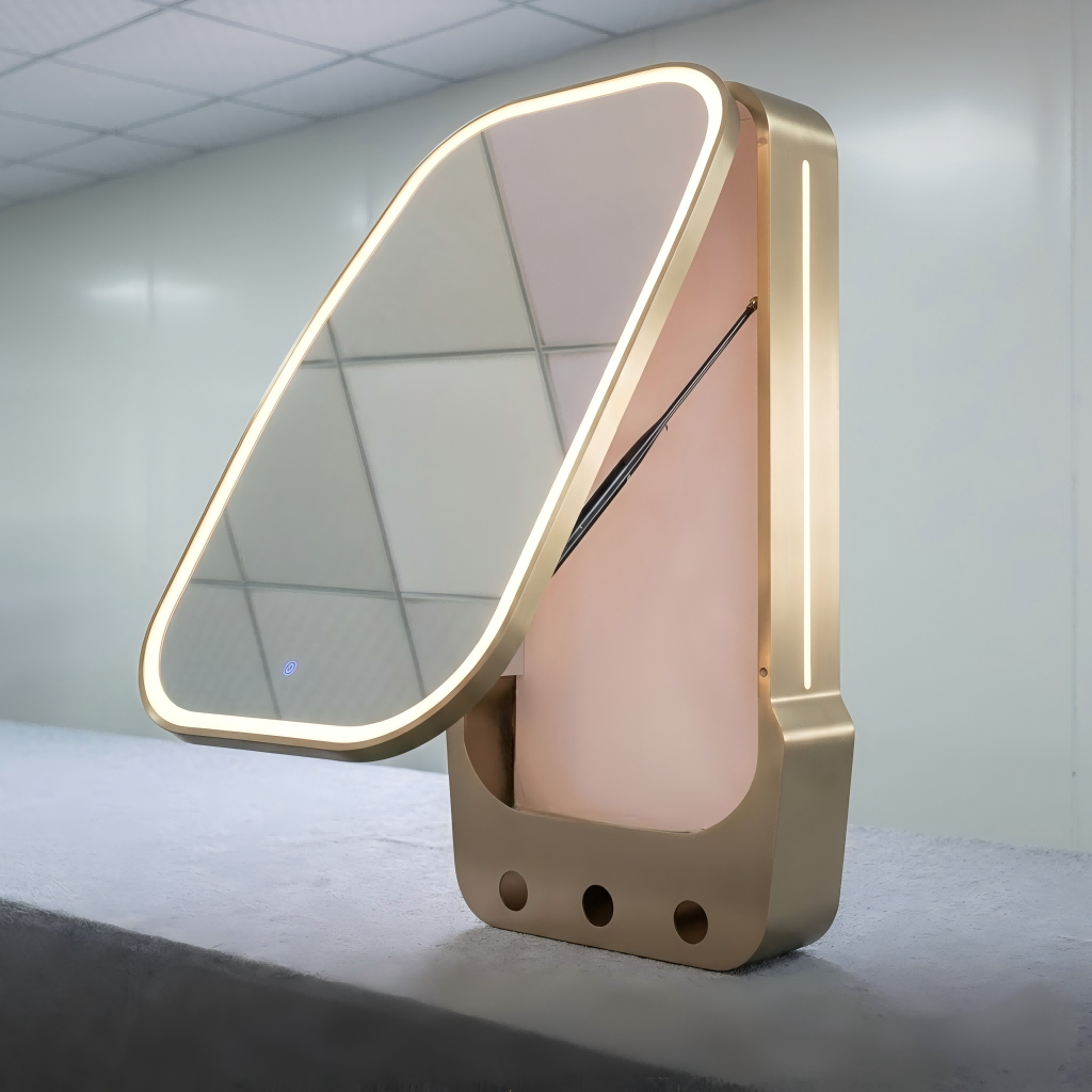 Kingstin Custom Smart LED Bathroom Mirror with Storage, Anti-Fog, Dimmable, Time Display, Gold Aluminum Frame