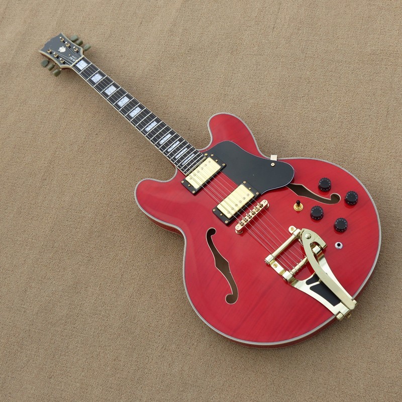 Hollow body electric guitar quilt flame on body top and back ,Natural wood color,gold hardware
