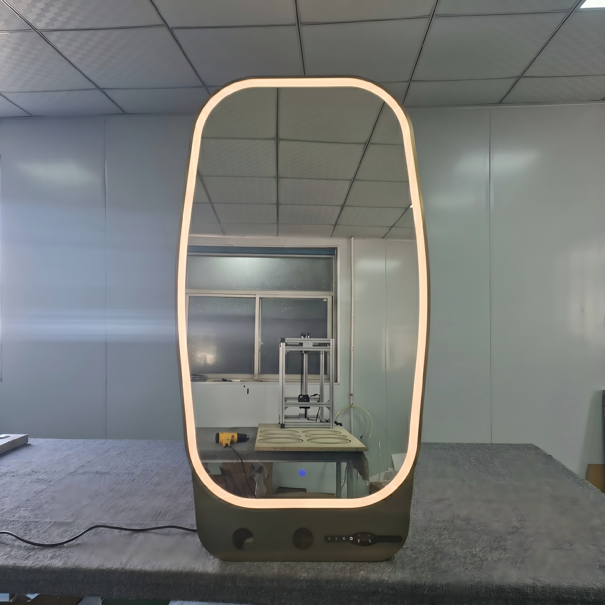 Kingstin Custom Smart LED Bathroom Mirror with Storage, Anti-Fog, Dimmable, Time Display, Gold Aluminum Frame