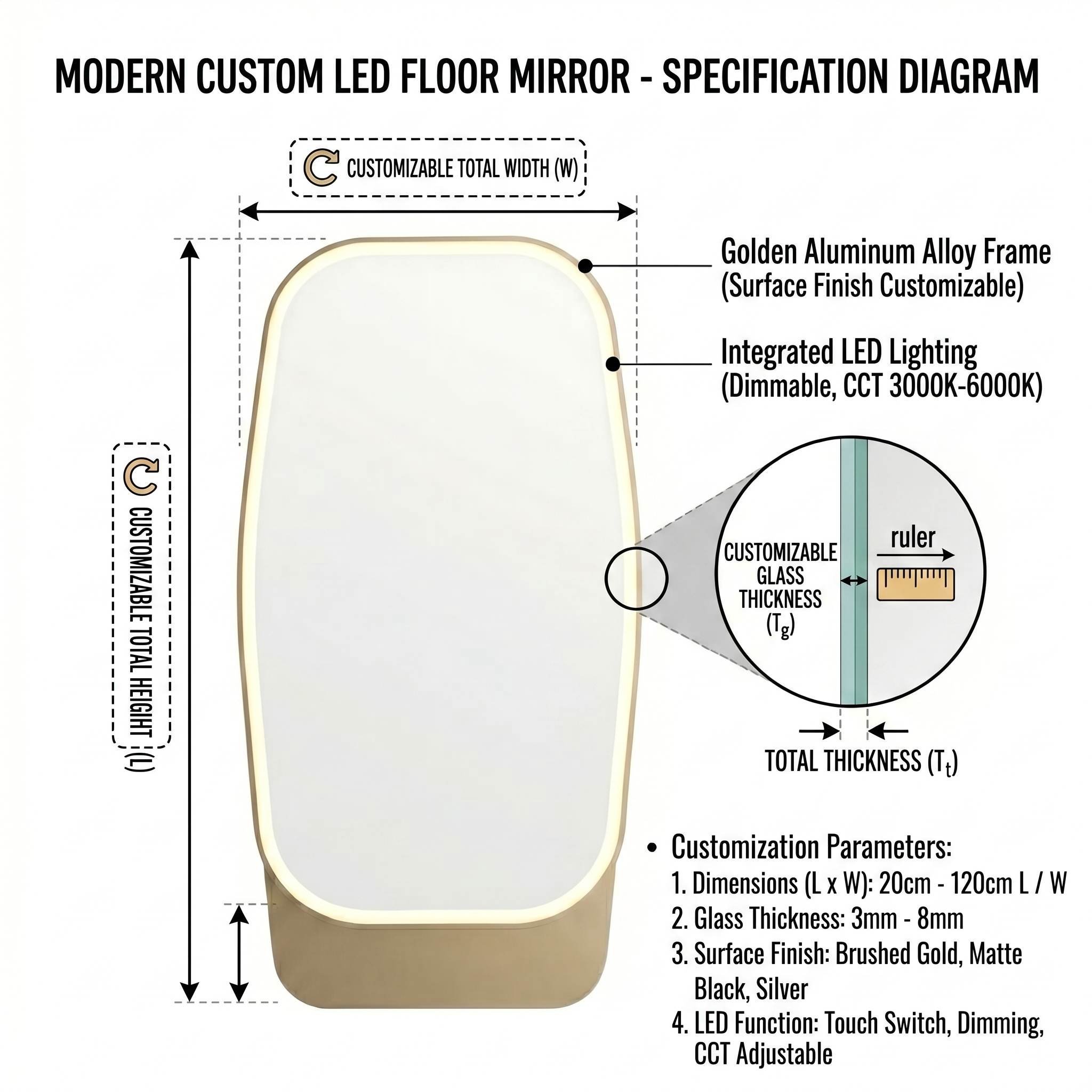 Kingstin Custom Smart LED Bathroom Mirror with Storage, Anti-Fog, Dimmable, Time Display, Gold Aluminum Frame