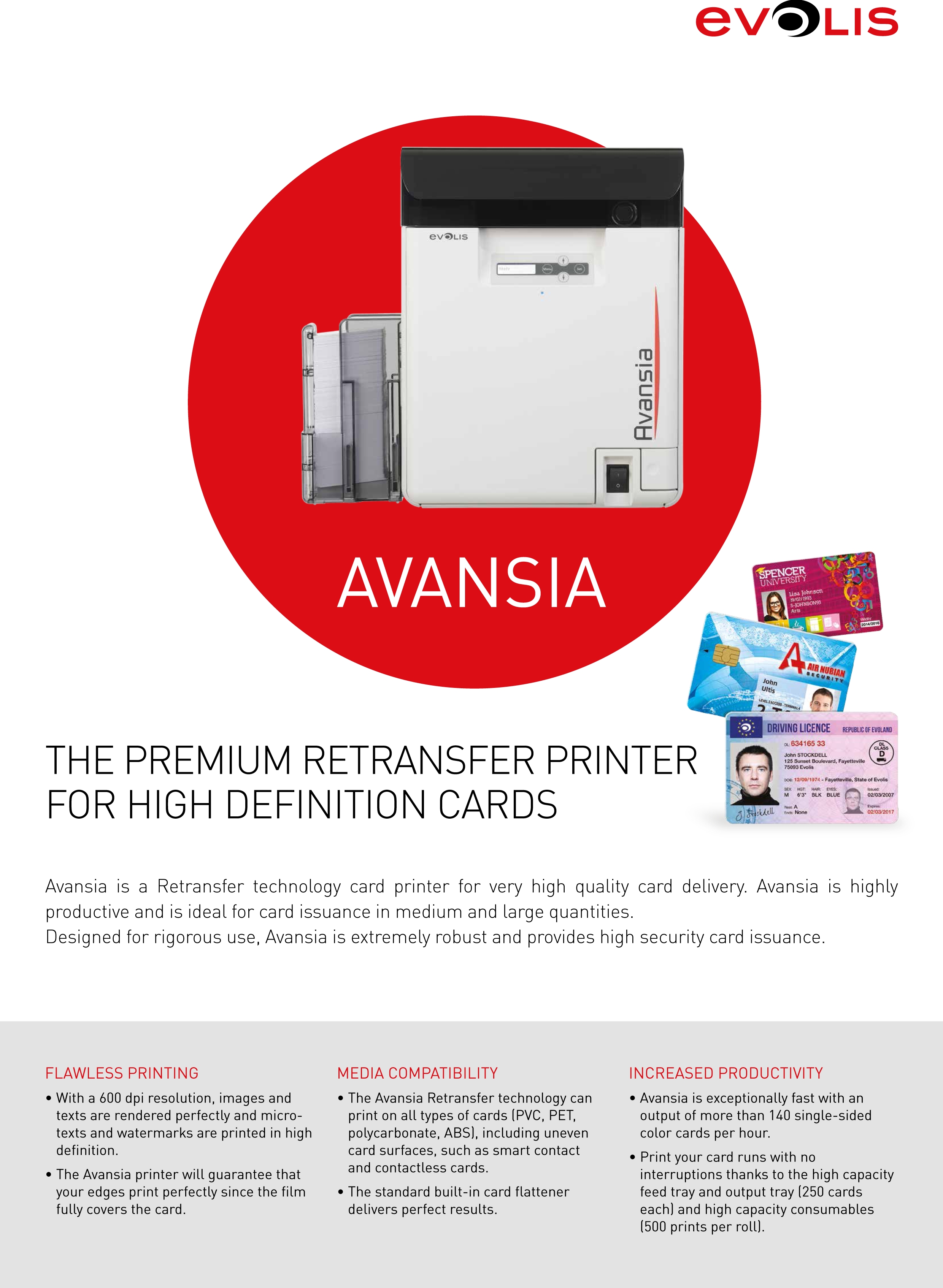 Evolis Avansia Dual-Sided Retransfer ID Printer 600dpi USB Interface Double-sided YMCKK
