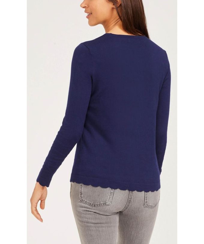 WOMEN'S 54% COTTON/44% MODAL/2% SPANDEX PULLOVER KNITTED STRIPE SWEATER WITH SCALLOP EDGE