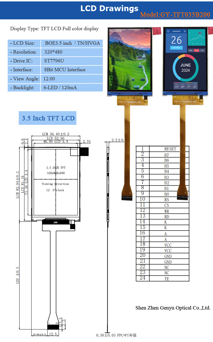 3.5 Inch TFT LCD Display 320x480 Resolution ST7796U Driver