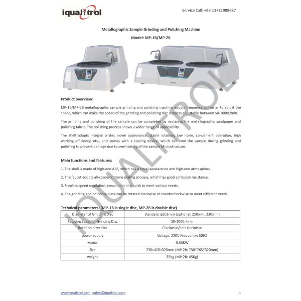 Stepless Speed Double Disc Metallographic Sample Grinding and Polishing Machine MP-2B
