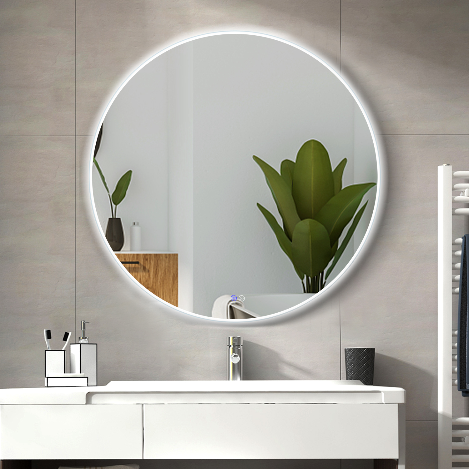 12V LED Round Bathroom Mirror Customized Lighted Smart Mirror 5mm With Warm White Yellow Light