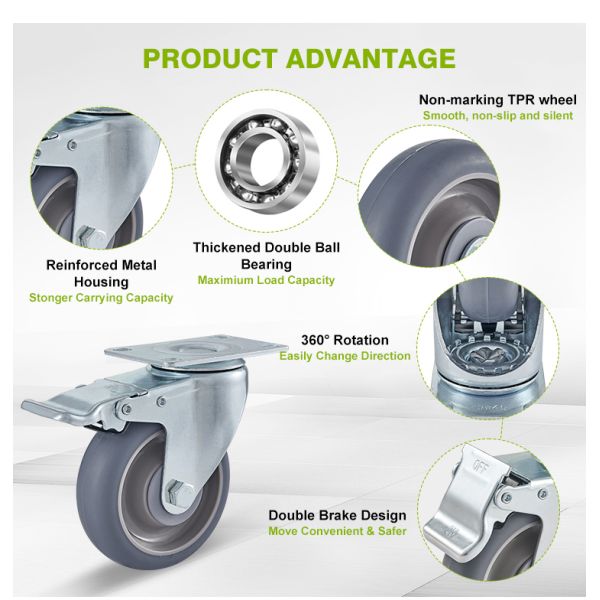 Medium Duty 5 Inch 125MM Castors Stainless Steel Solid Wheel TPR Rubber TPR Grey Casters