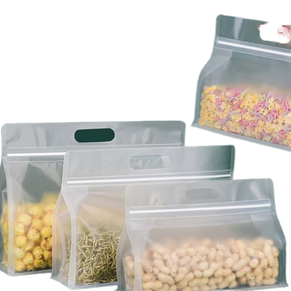 Cheap Reusable Stand up Ziplock Square Bottom Mylar Clear Hand Hole Food Packaging Plastic Bags for Storage