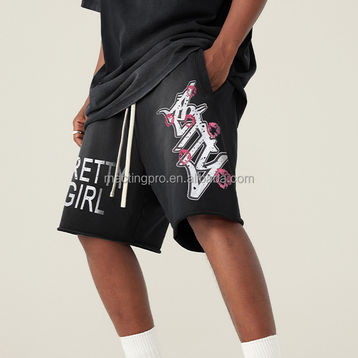 Quick Dry Unisex Men Streetwear Blank Black Heavyweight Cotton Vintage Acid Wash Shorts