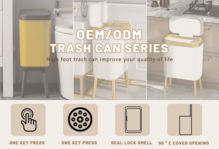 PP Plastic Office Dustbin Custom Trash Can 15L With High Bamboo Leg