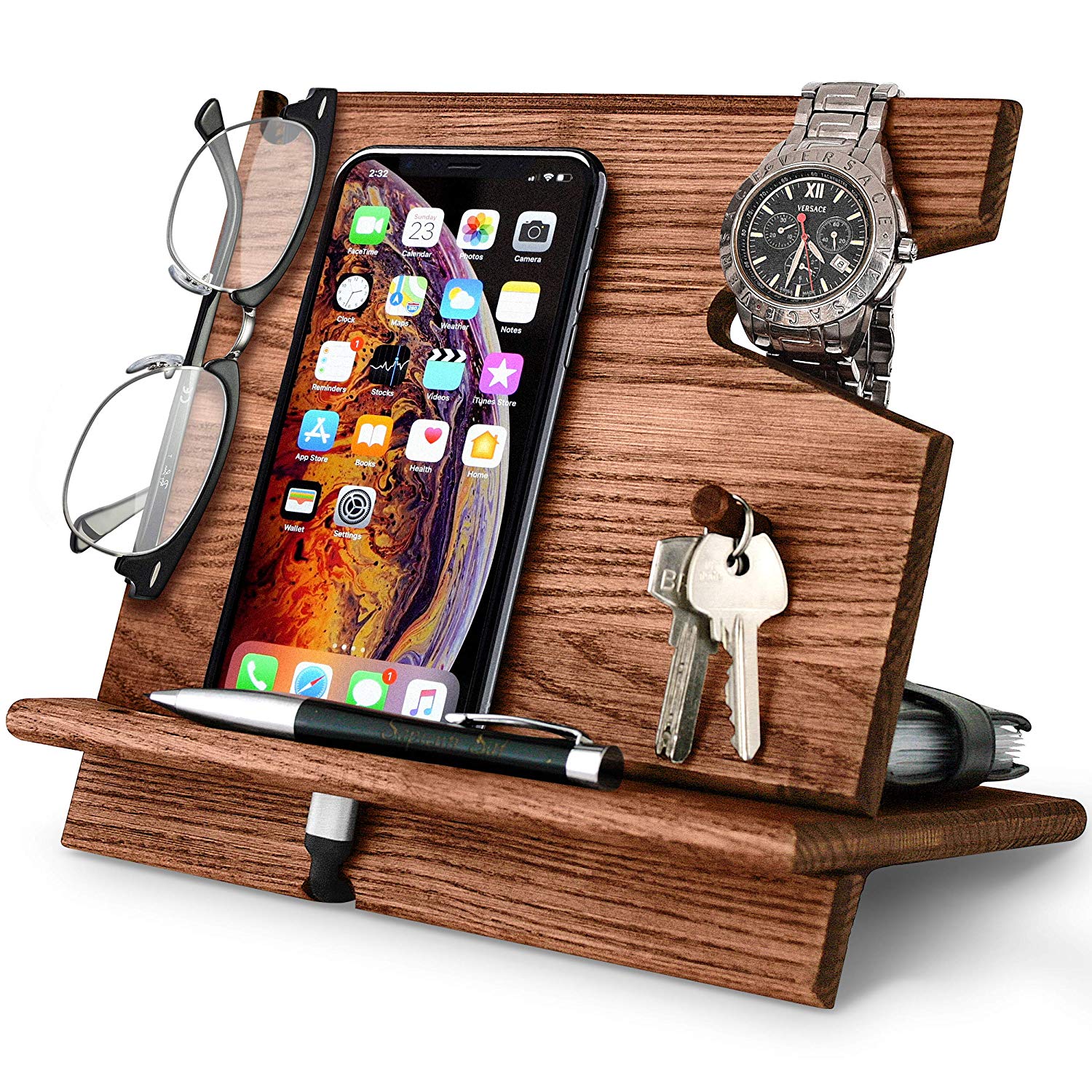Cell Phone Stand Watch Holder Men Wood Mobile Base Nightstand Charging Docking Station Women Accessories Wooden Storage