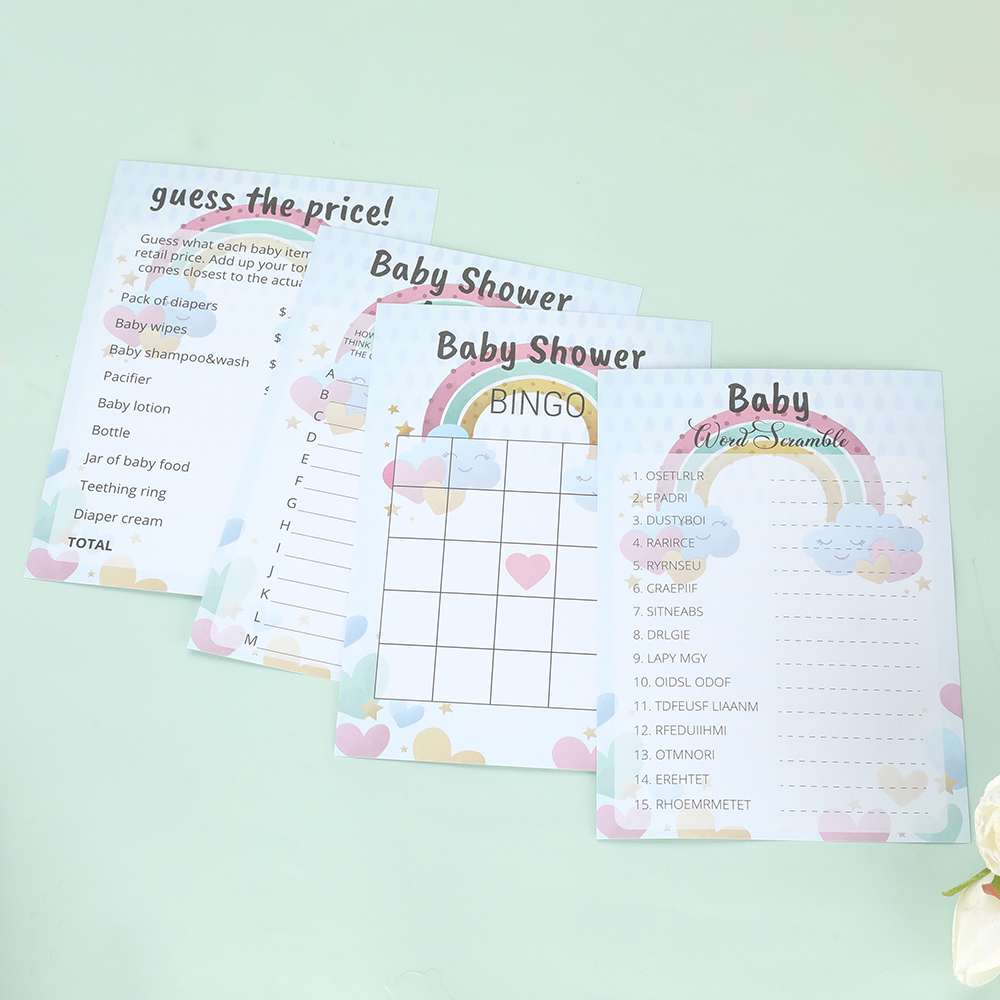 Custom 4 Games Baby Shower Game Cards CMYK Paper Perfect for A to Z and Word Scramble
