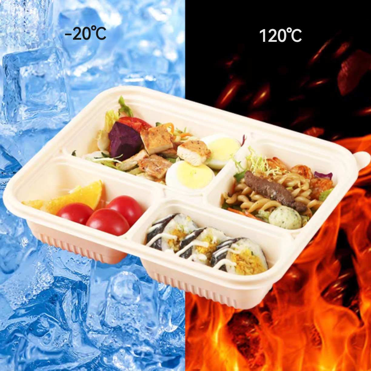 Degradable 3 Compartment Biodegradable Food Boxes Take Out Lightweight