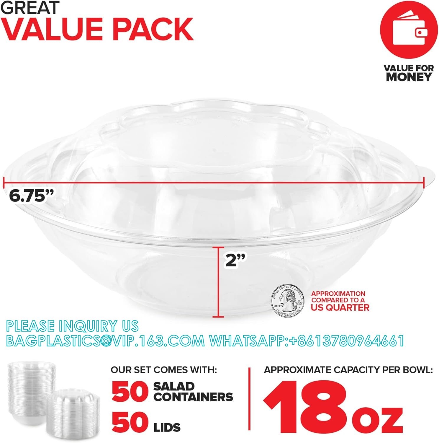 18oz Clear Plastic Salad Bowls With Lids Disposable (50 Pack) Mini Takeout Container Snap On Lid For Fruit Salads