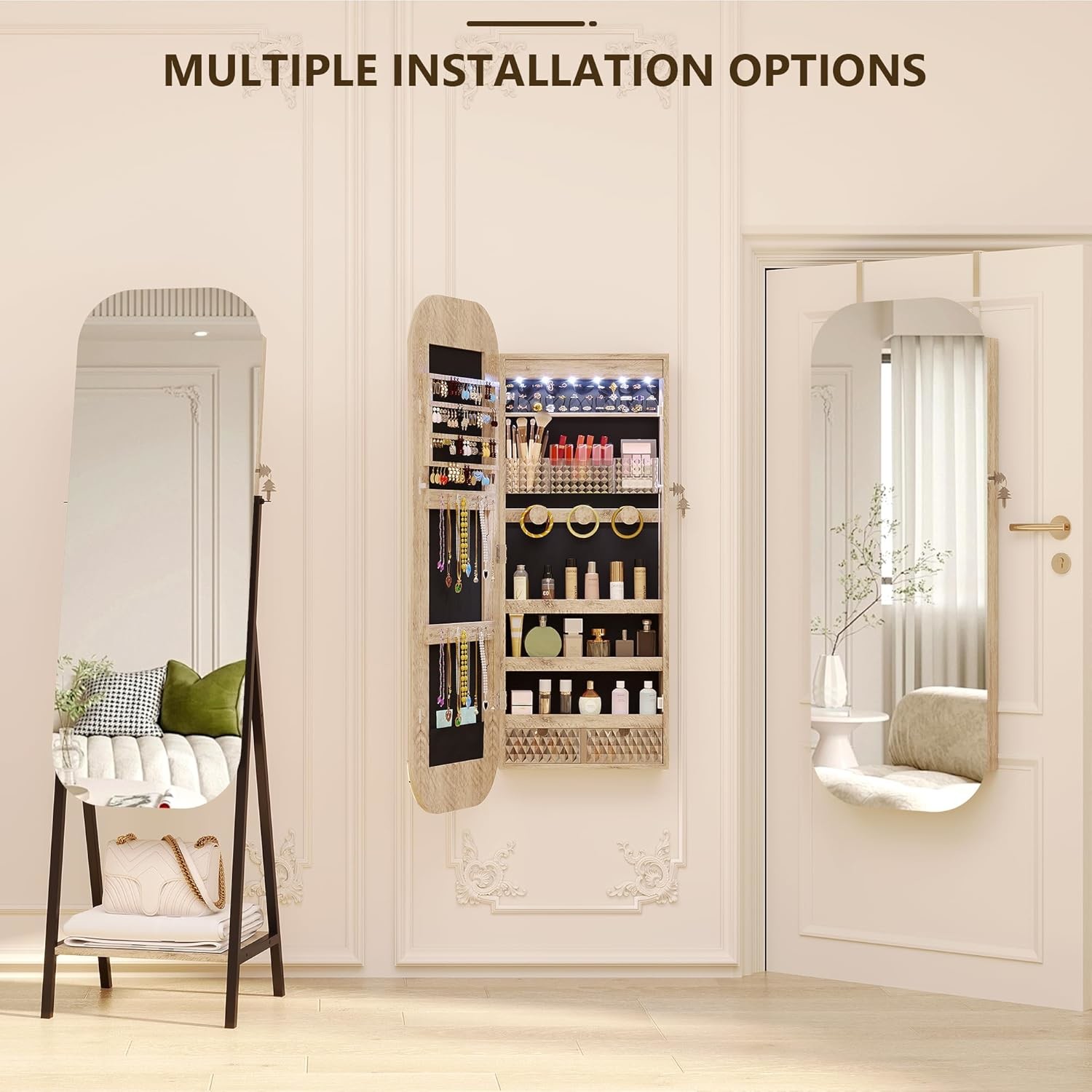 Modern Jewelry Armoire Mirror with LED Lights and Storage