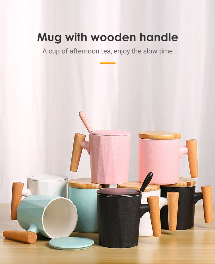 Hot sale wood handles tea cups cups high quality custom gift ceramic coffee cups wood handle coffee mug porcelain mug 30