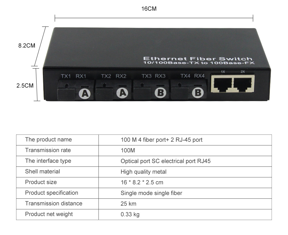 4port Fiber Media Converter , 2RJ45 Ethernet Optical Transceiver 10/100/1000M