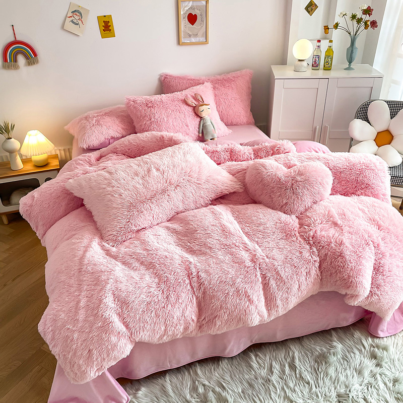 NO Customization Required Morden Luxury Jade Pink Shaggy Warm Mink Velvet Bedding Set
