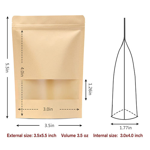 Kraft Paper Bag with Resealable Lock Seal Zipper and Stand Up Design Transparent Window