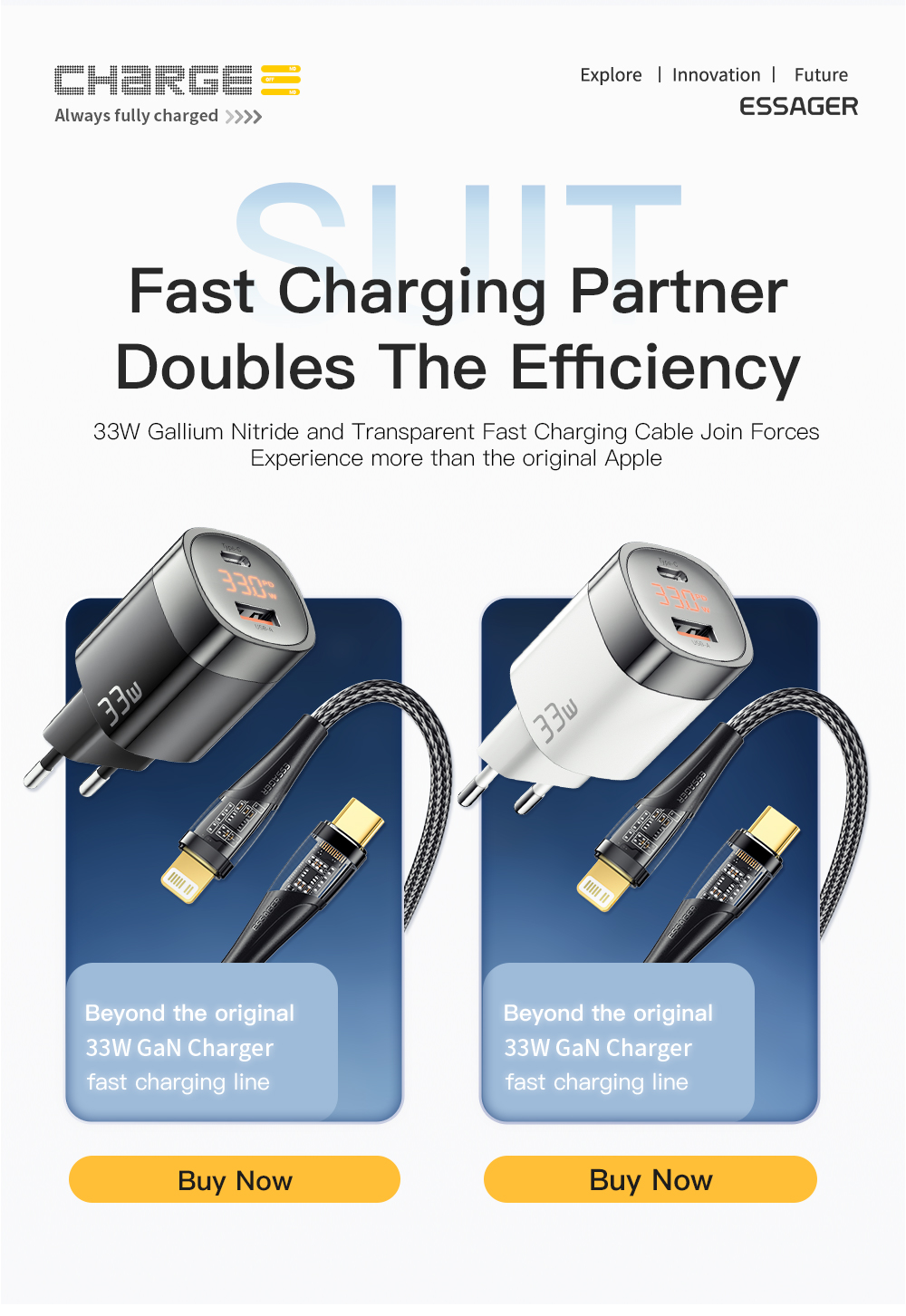 GaN EU US UK Port Digital Display Travel Power Phone Charger Fast Charging 33W With Cable